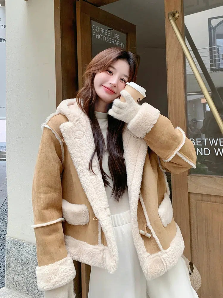 Suede Lamb Wool Hooded Fur Coat