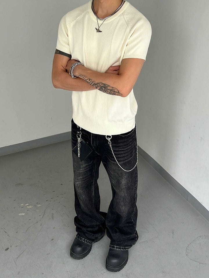 Stribet strik slim fit kortærmet pullover 