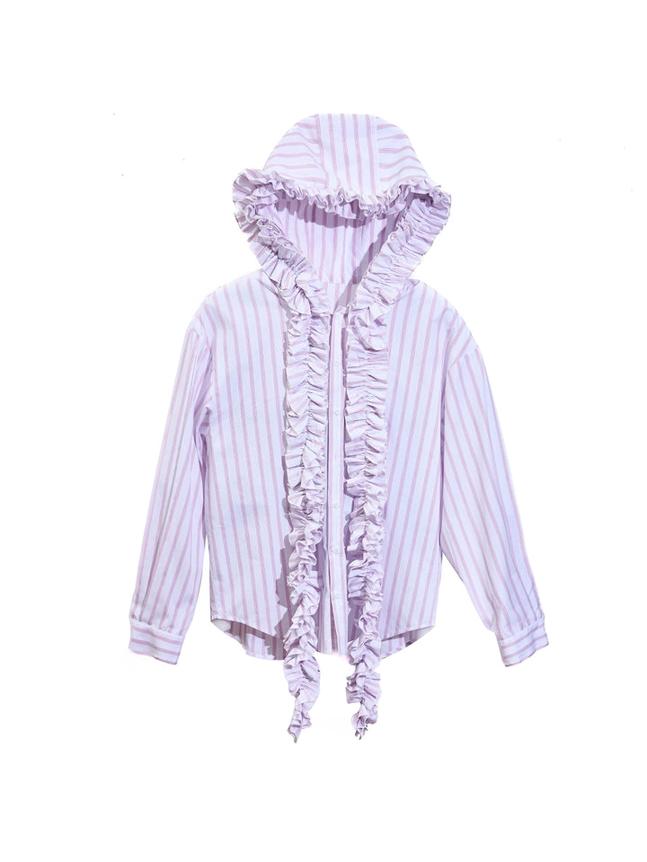 Gestreiftes, plissiertes, kapuzenbehangenes Shirt mit Quasten 