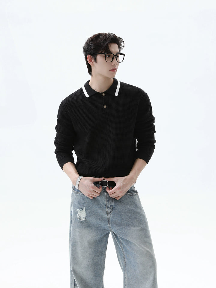 Knitted Lapel Long Sleeve Pullover