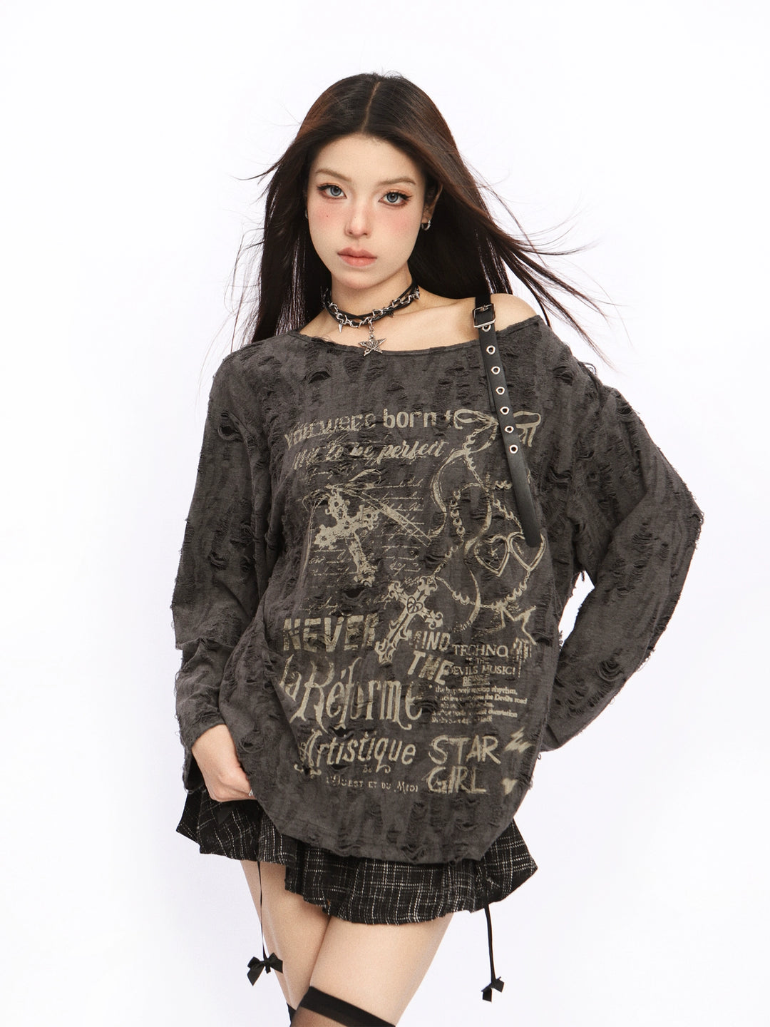 Off-Shoulder Grafisk Tryckad Turtleneck Topp 