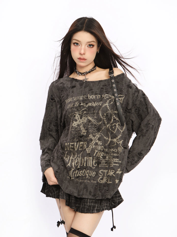 Off-Shoulder Grafisk Tryckad Turtleneck Topp 