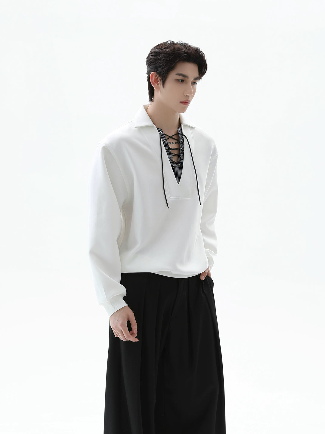 Splicing Lapel Tie Rope Pullover