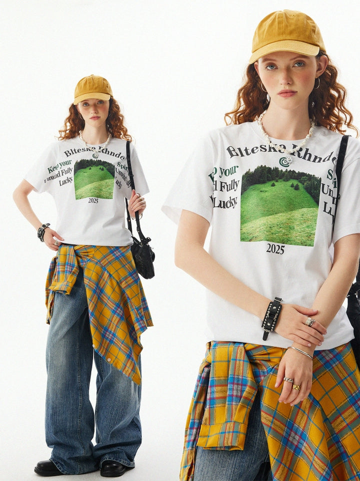 T-shirt décontracté à manches courtes avec impression de paysage 