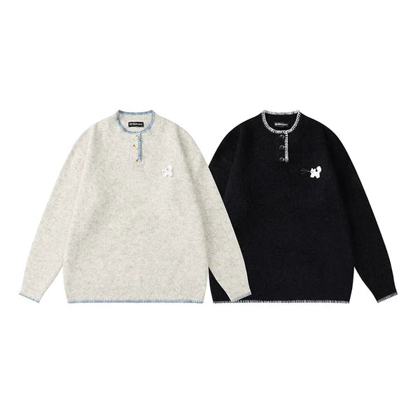 Suéter de punto de cuello redondo con botón de gatito 