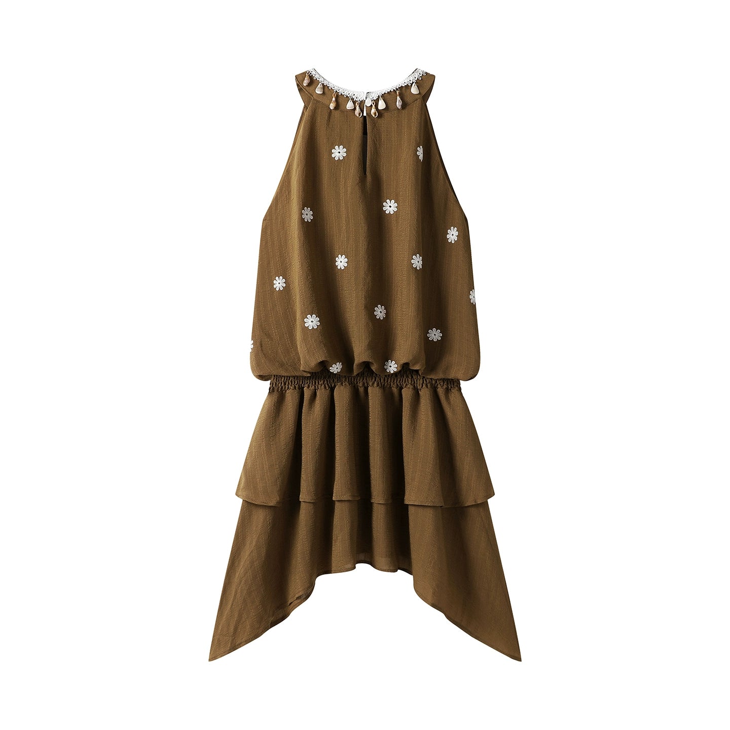 Vestido de Verão Sem Mangas com Bordado Floral em Camadas 