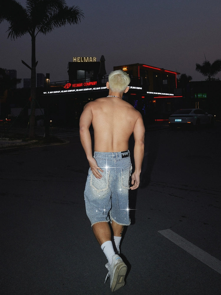 Diamantbesetzte, rohen Kanten, lockere, cropped Hose 