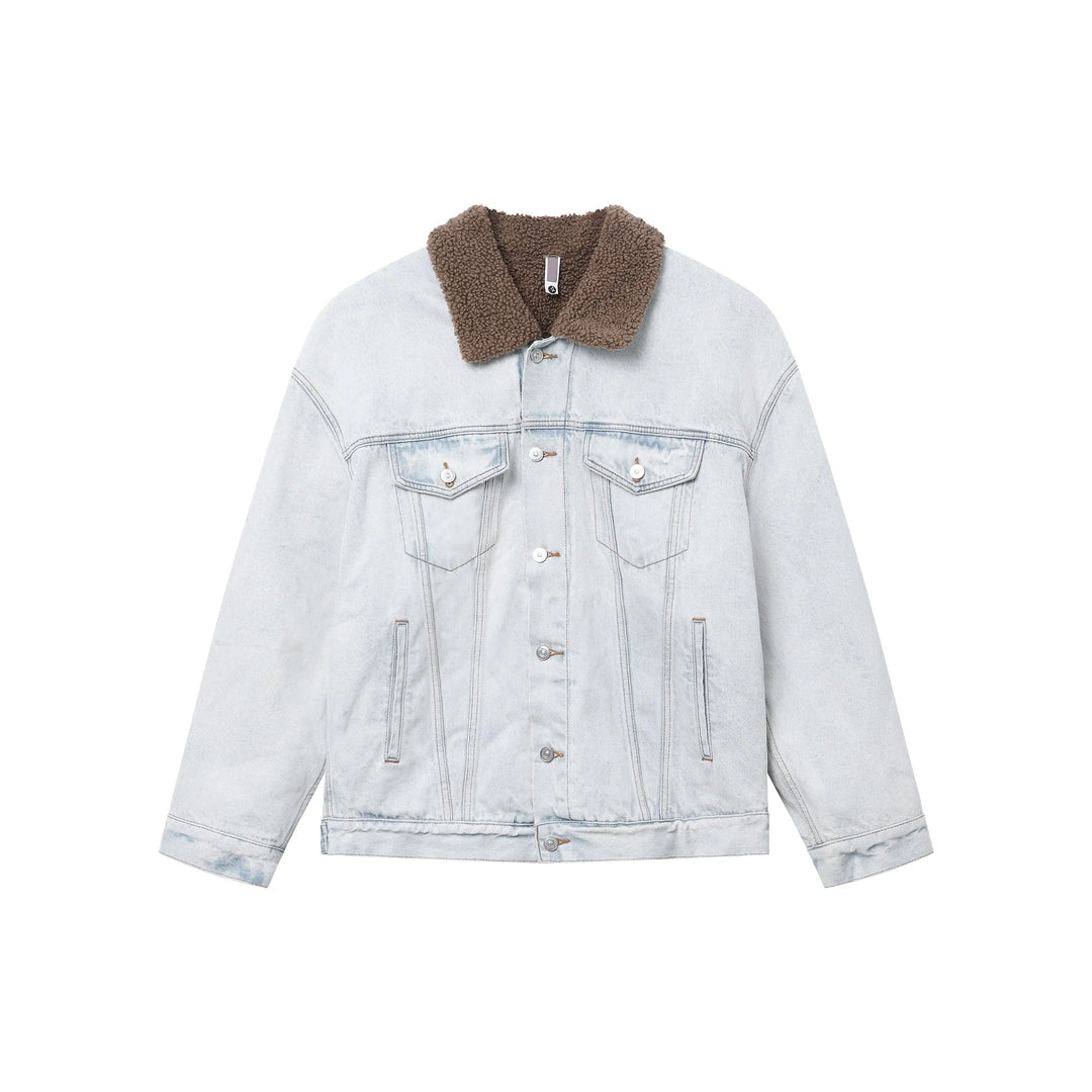 Distressed Lambskin Lapel Denim Jacket