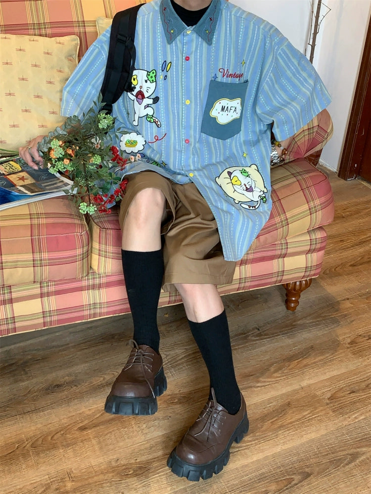 Katt Brodert Stripete Kortermet Skjorte 