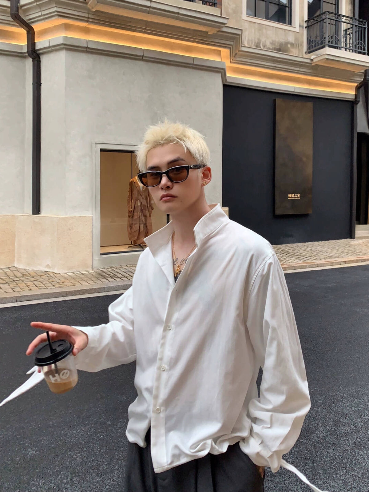 Dik Yaka Retro Keten Uzun Kollu Gömlek 