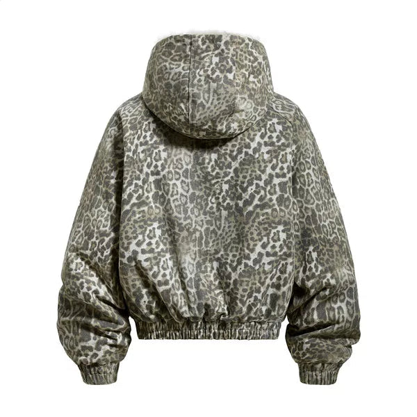 표범 무늬 후드 푸퍼 재킷 