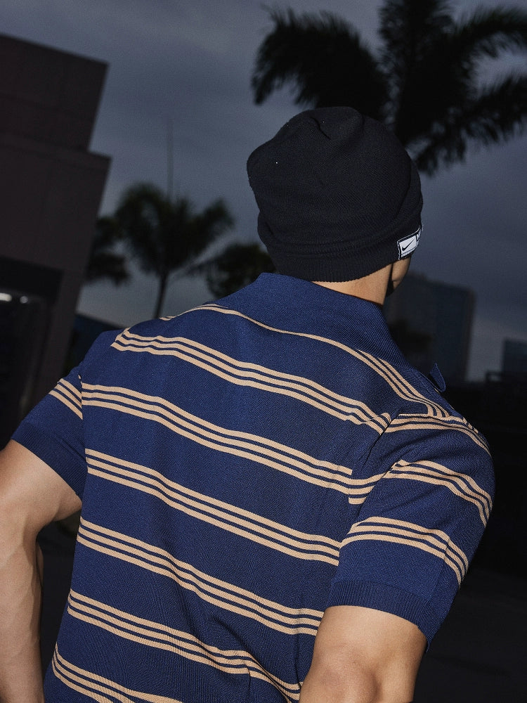 V-neck Striped Knit Polo Shirt