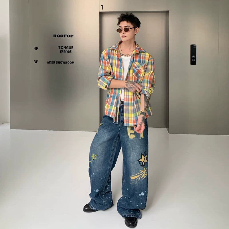 Handgeschilderde Ster Graffiti Rechtaf Jeans 