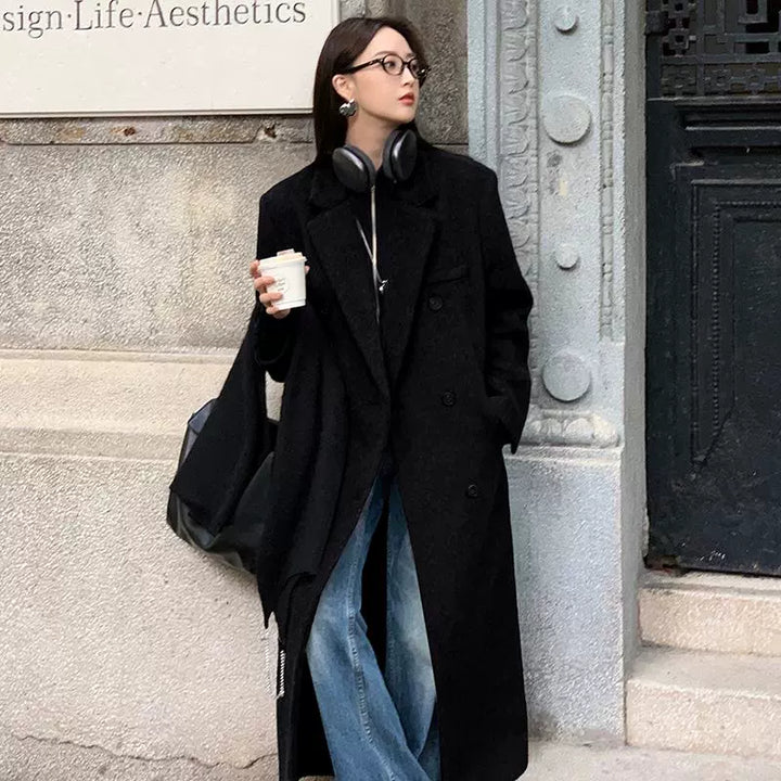 Long Wool Tweed Straight Shoulder Coat