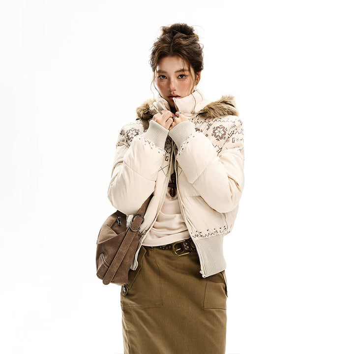 Casaco de algodão acolchoado com capuz e estampa Fair Isle 