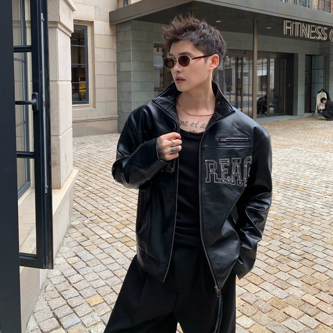 Leather Rivet Letter Motorcycle Jacket