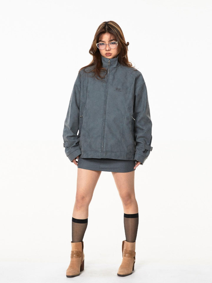Retro-Stickerei Stehkragen Lederjacke 