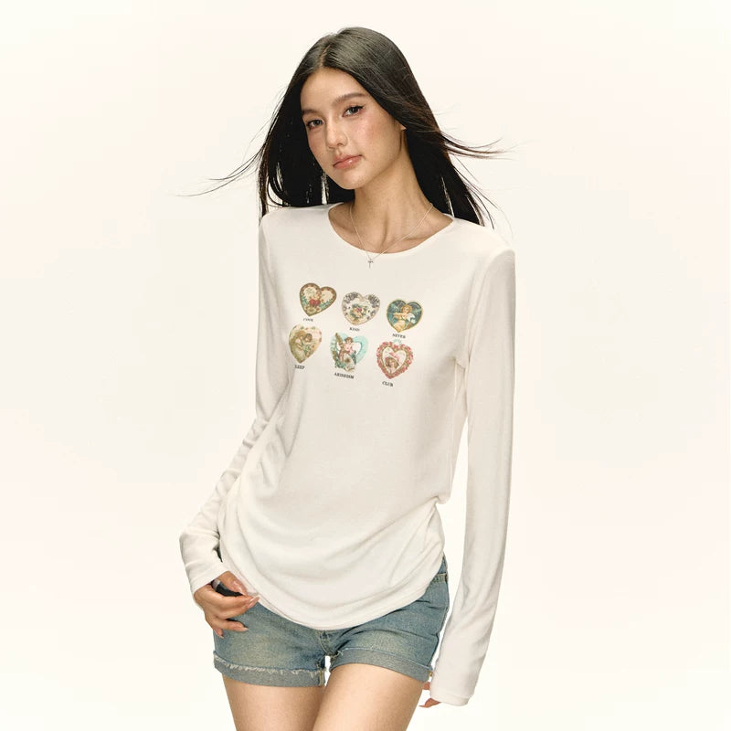 قميص بأكمام طويلة وياقة دائرية بطباعة ريترو 