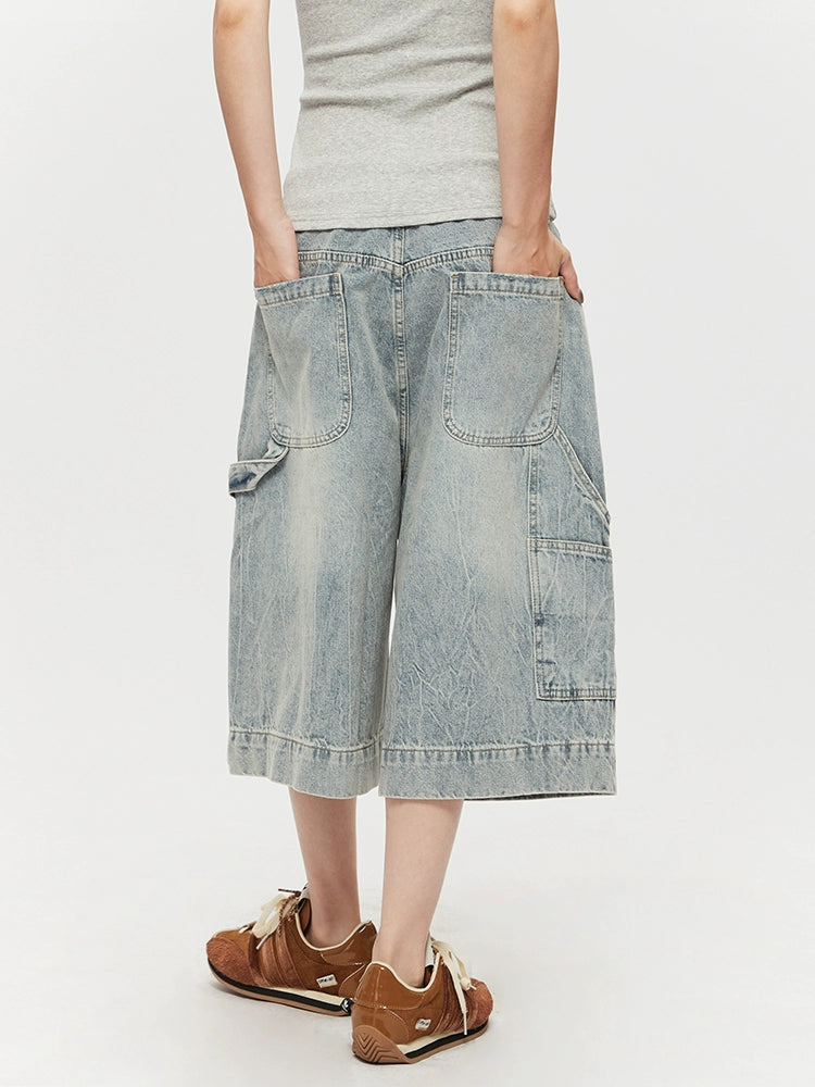 Distressed Wide-Leg Cropped Denim Pants