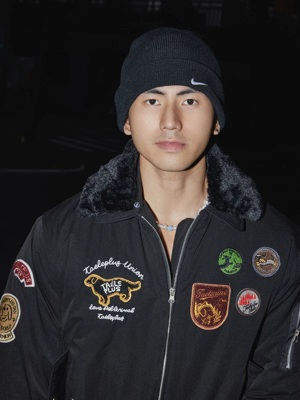 Retro broderad bomberjacka med pälskrage 