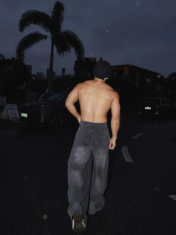 Chain Cross Print Wide-Leg Denim Pants