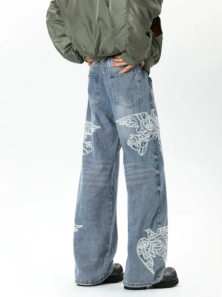 Lace Stitching Wide-Leg Jeans