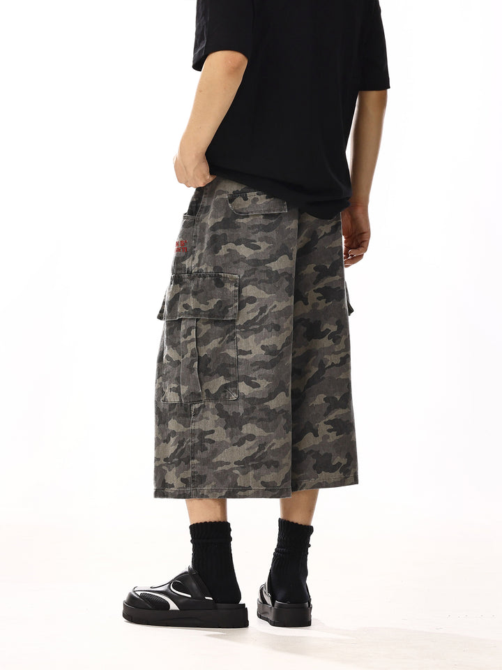 Camouflage Wide-Leg Denim Cargo Pants