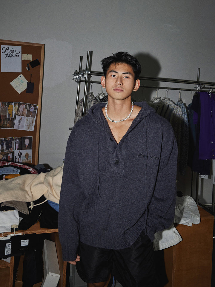Knitted Hooded Sweater with Embroidery