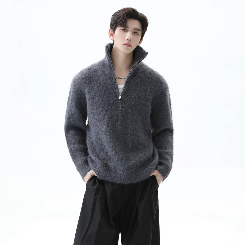 Stand Collar Half-Zip Fleece Knit Sweater
