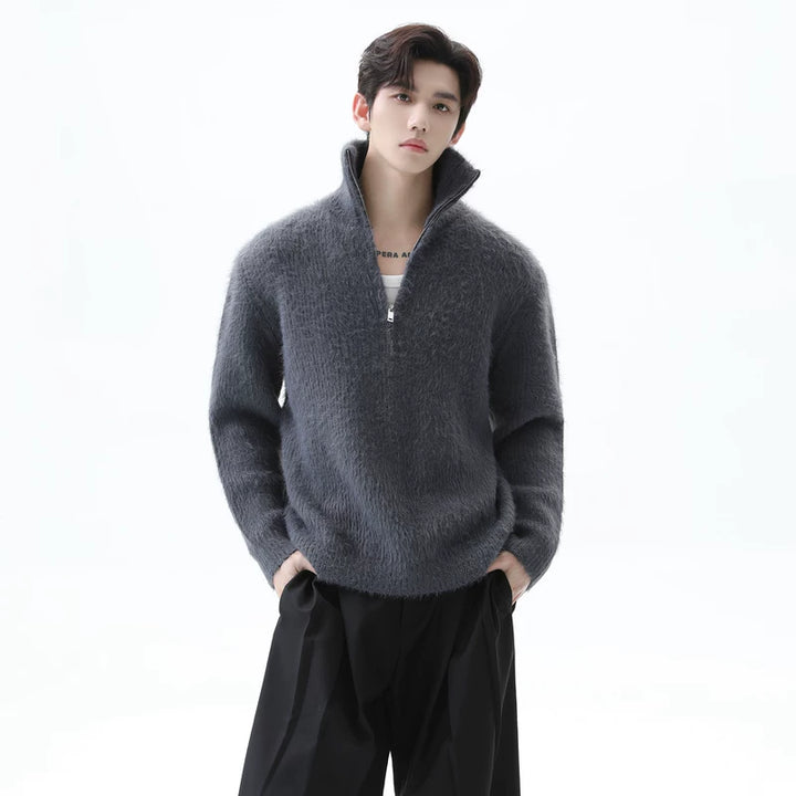 Stand Collar Half-Zip Fleece Knit Sweater