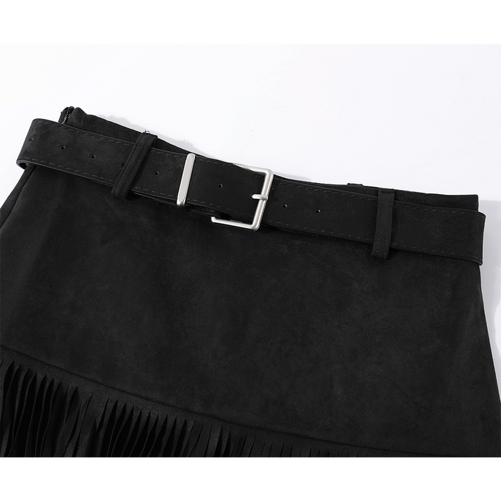 Mini jupe en suède à franges avec ceinture 