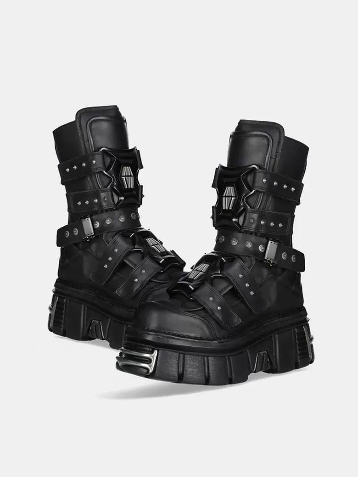 Gothic Nieten Stiefel mit Plattform bis zur Mitte der Waden 