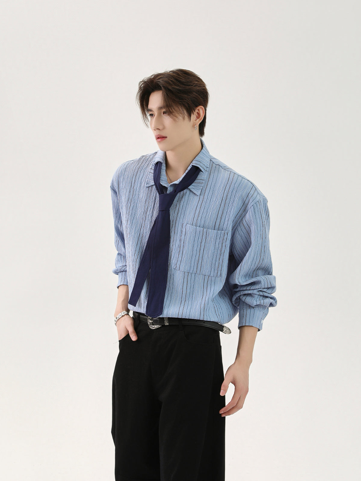 Striped Tie-Design Loose Fit Shirt