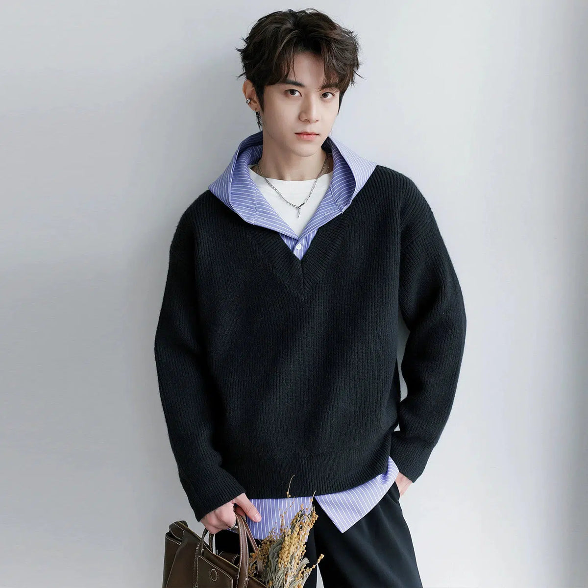 Blue Striped Patchwork Hooded Sweater