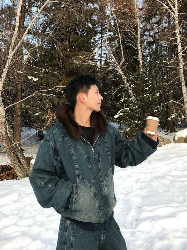 Veste en denim à capuche rétro doublée en sherpa 