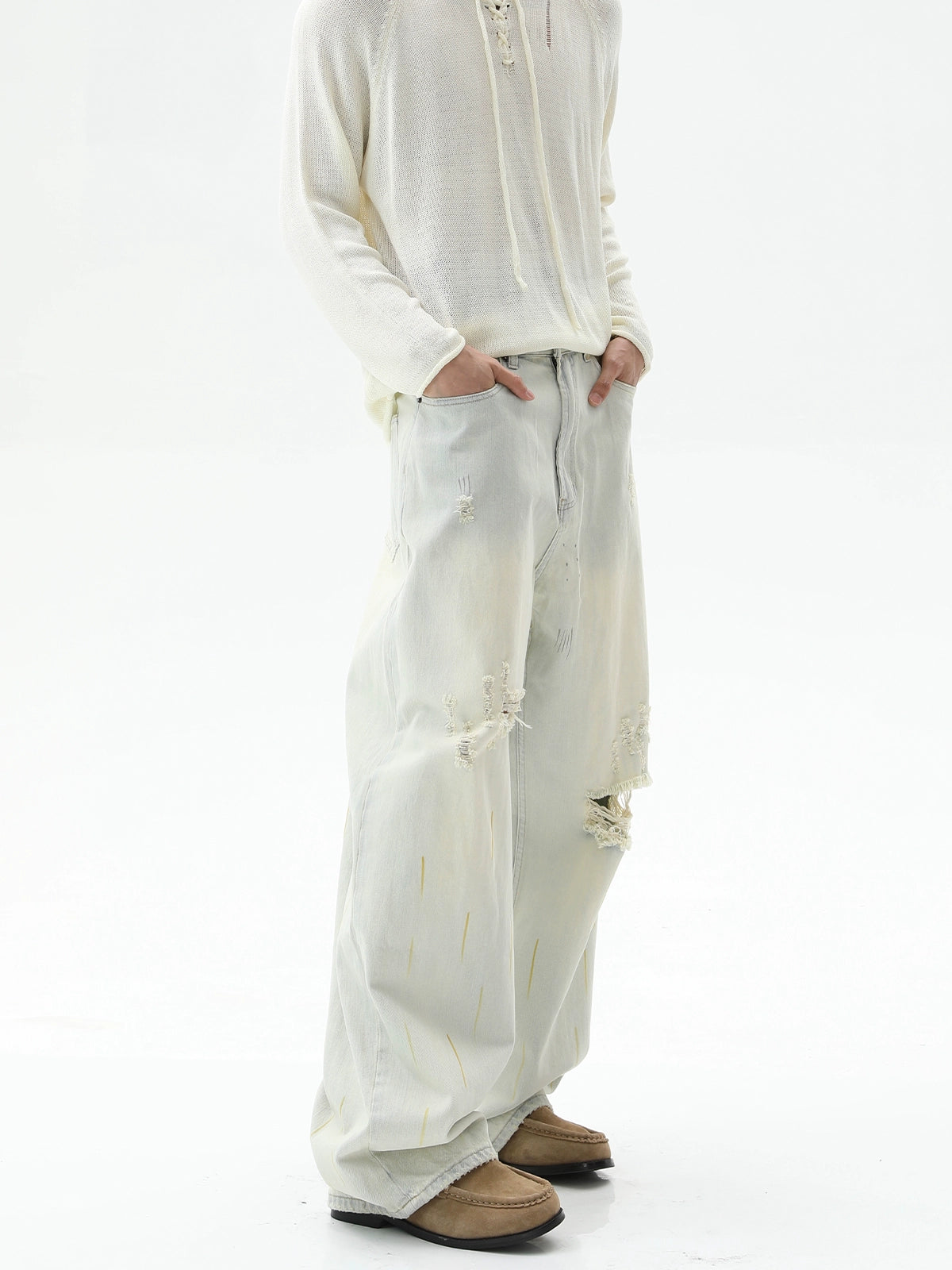 Distressed Graffiti Wide-Leg Straight Pants