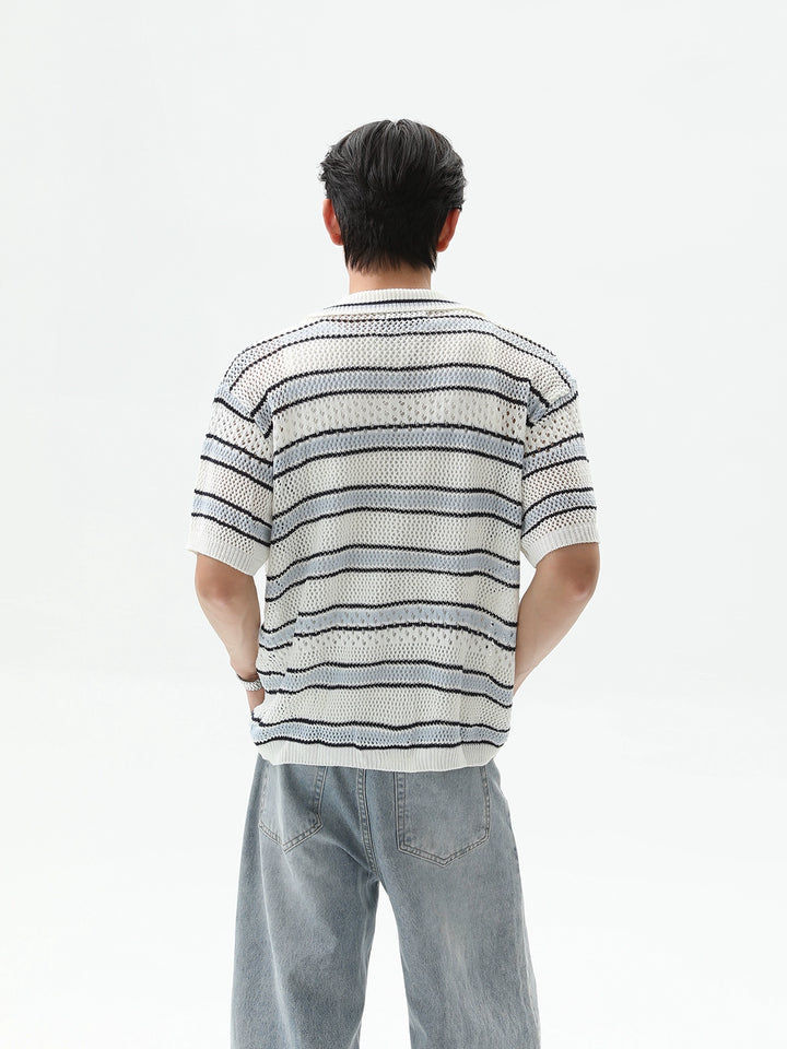 Hollow Knit Striped Short Sleeve Cardigan