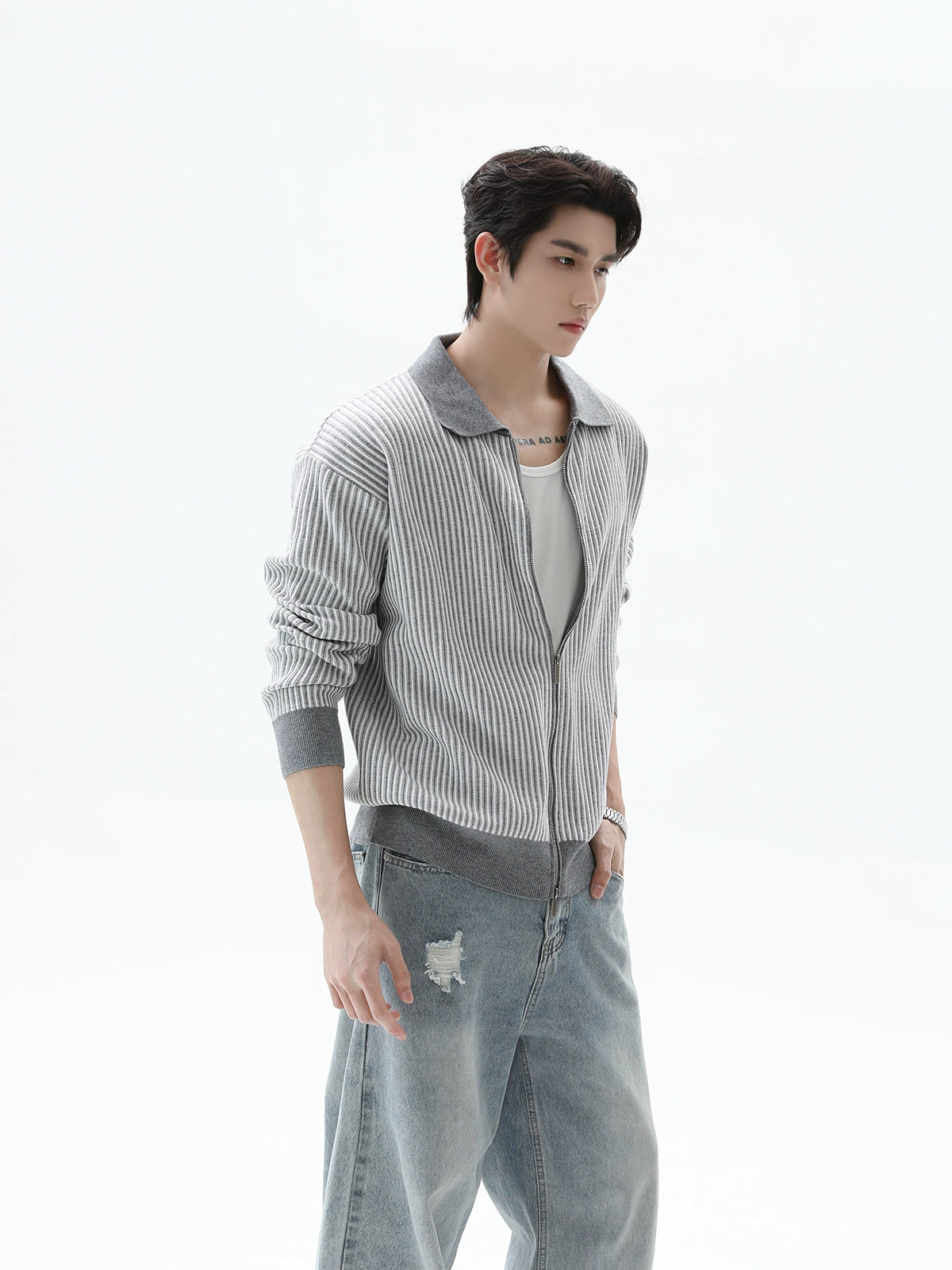 Çizgili Triko İki Yıldızlı Yaka Hırka 