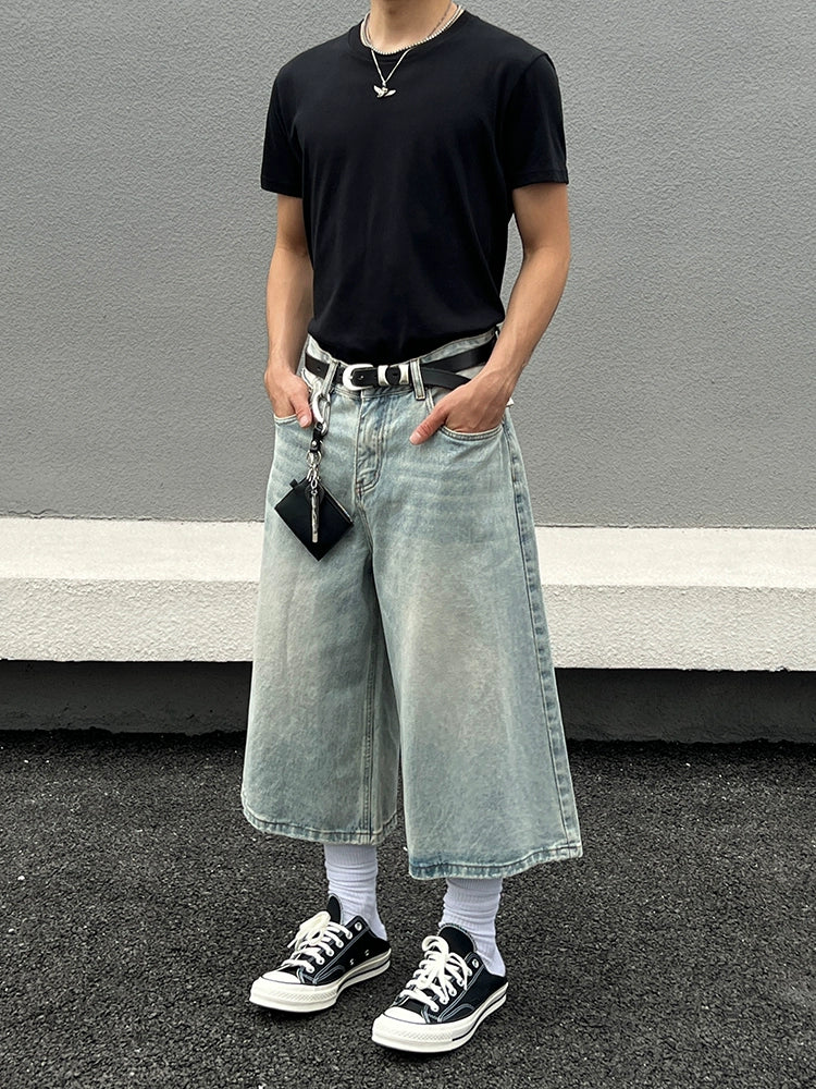 ウォッシュドワイドレッグクロップドデニムパンツ 