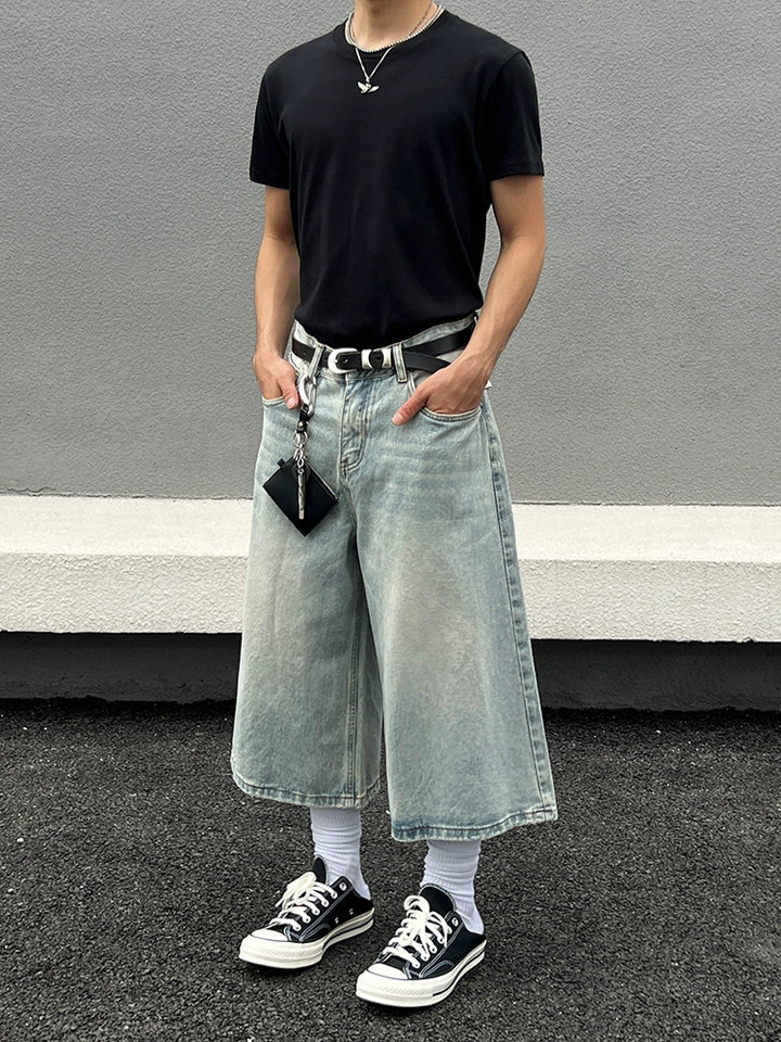ウォッシュドワイドレッグクロップドデニムパンツ 