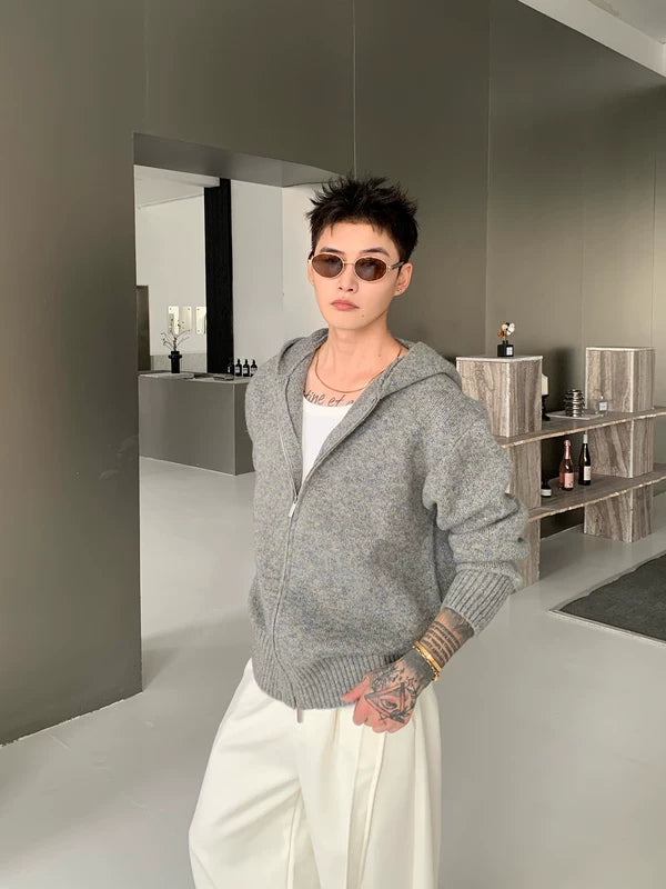 編み物ジップフードカーディガンセーター 