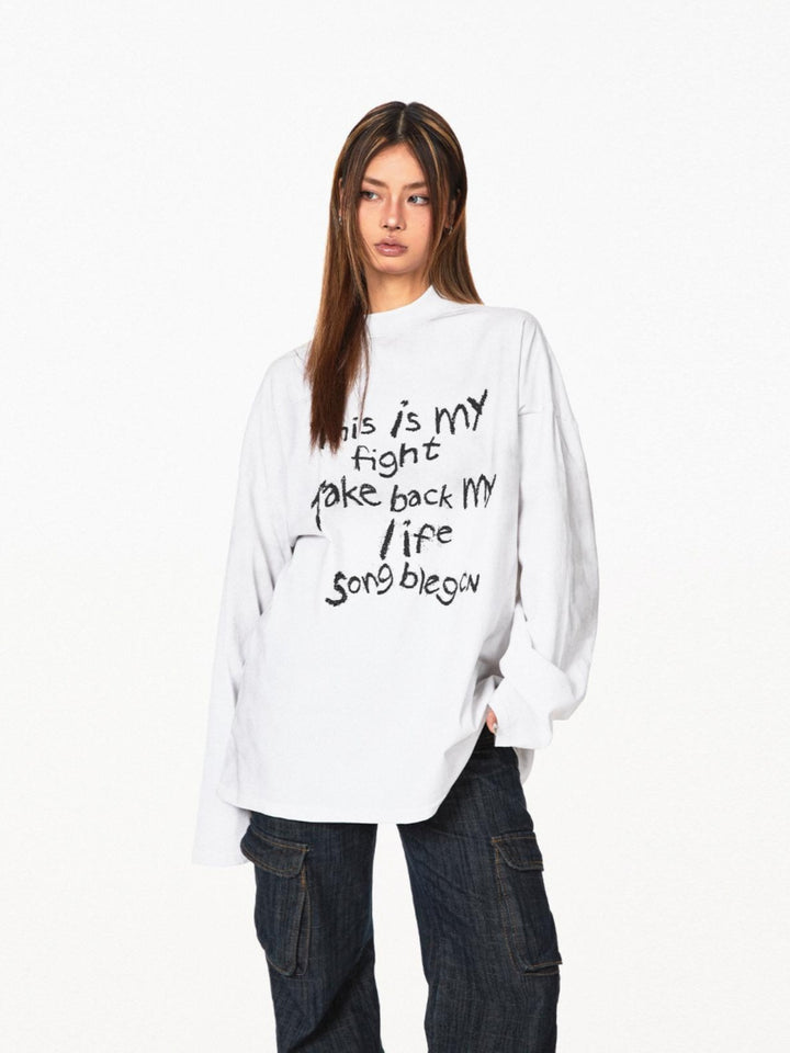 Retro Letter Print Casual Turtleneck Top