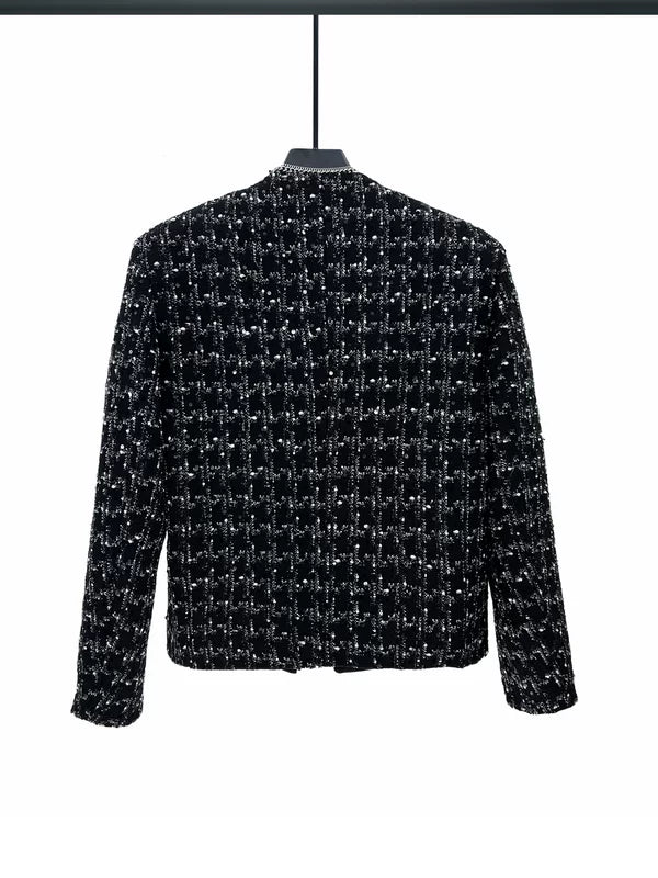 チェック柄のスパンコールツイードショートニットジャケット 