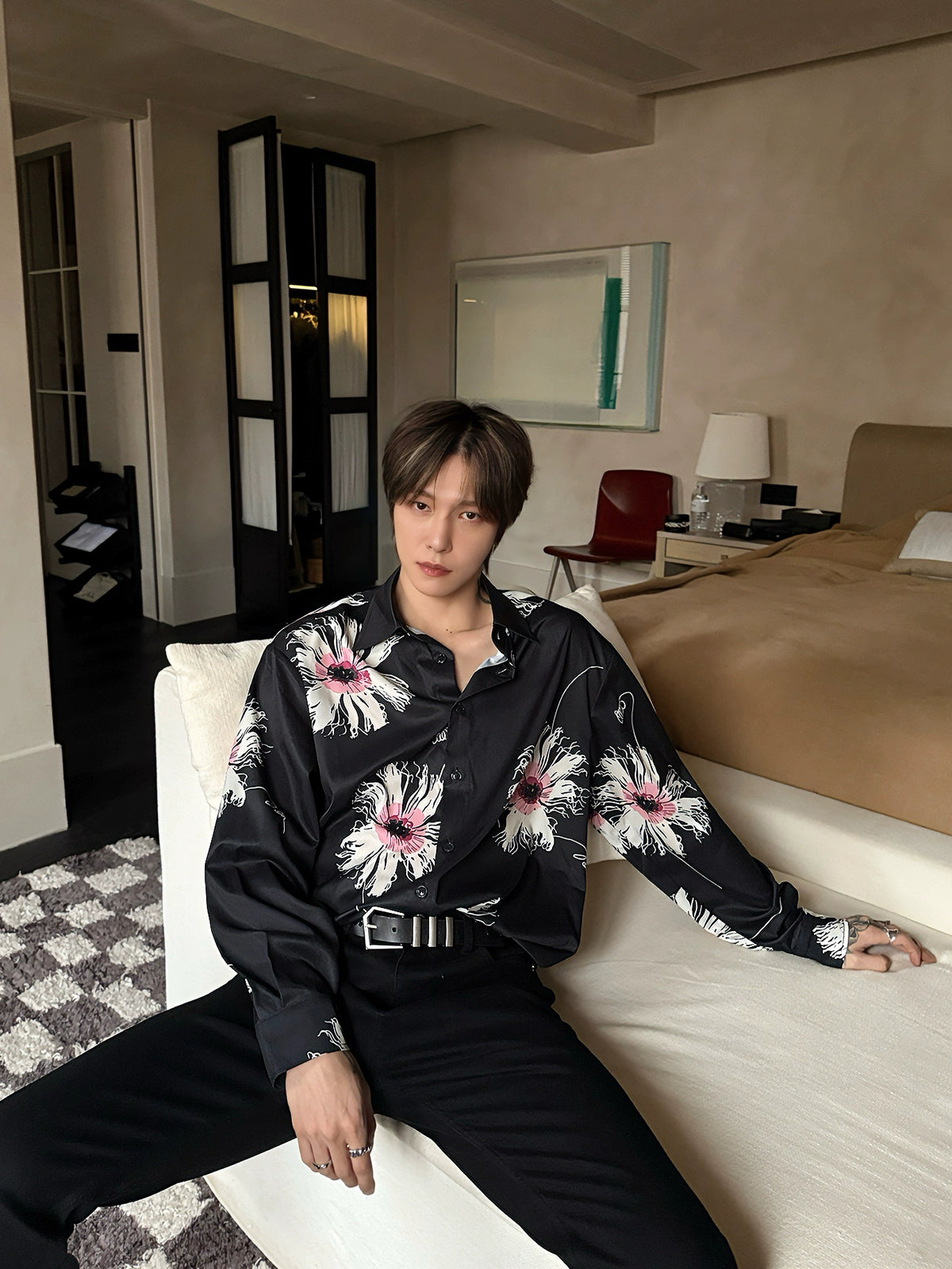 Çiçek Desenli Rahat Uzun Kollu Gömlek 