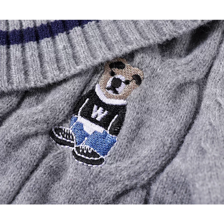 Cárdigan de punto trenzado con oso bordado estilo preppy 