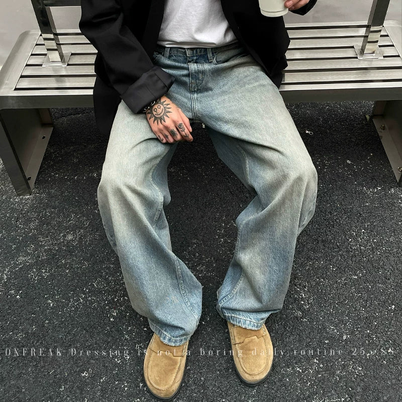 Heavy Wash Retro Loose Straight Jeans Pants