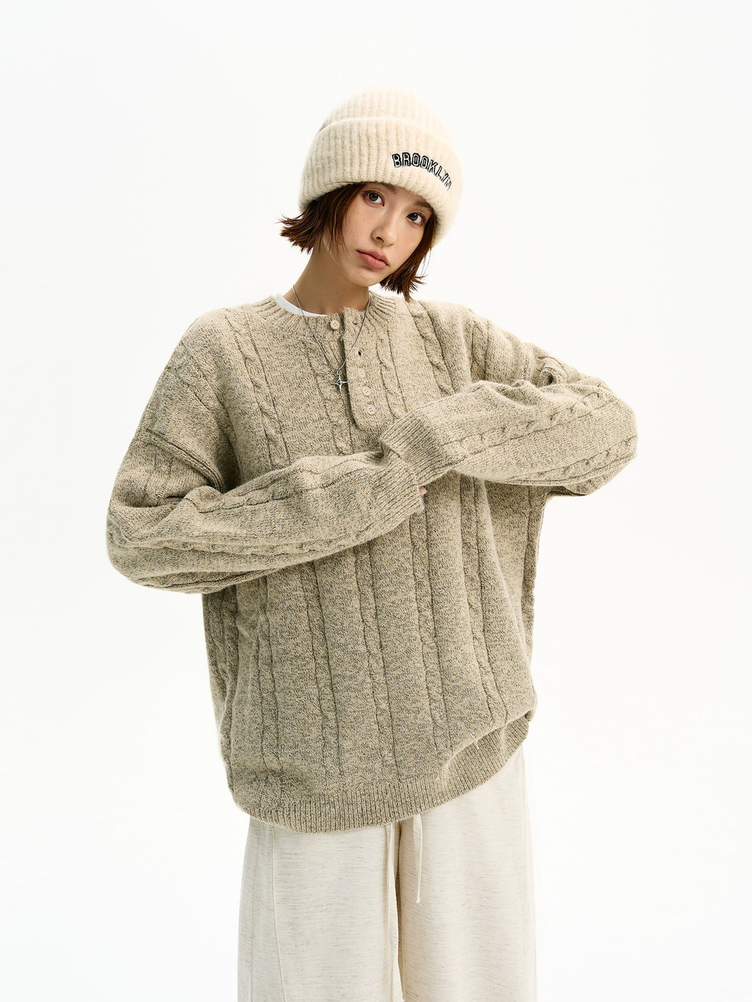 Cable Knit Henley Knappe Sweatshirt Genser 