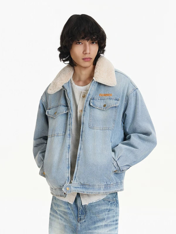 Fleece-fodrad lammullskrage denimjacka 