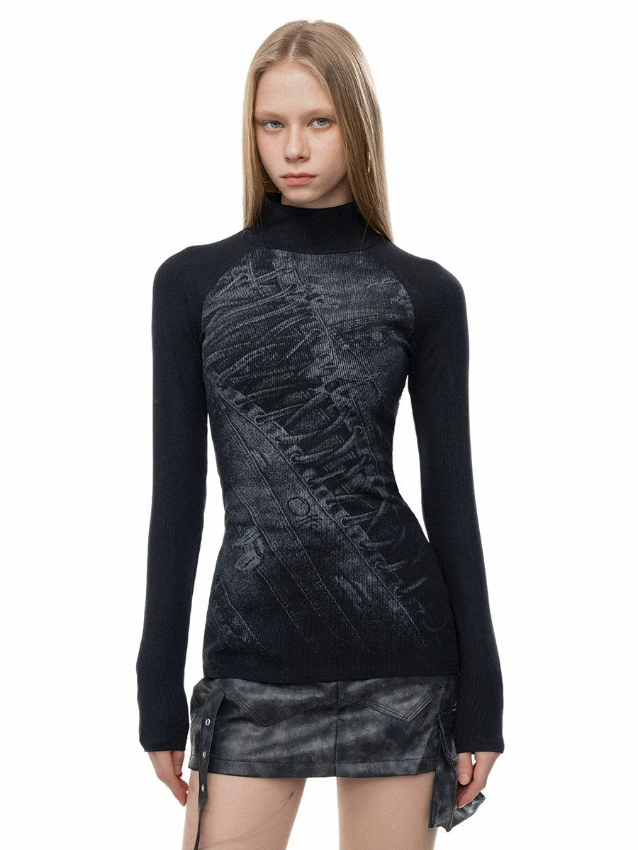 Turtleneck imprimé à manches longues ajusté 