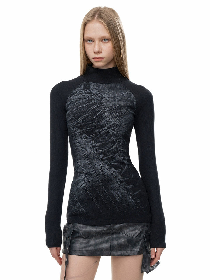 Turtleneck imprimé à manches longues ajusté 